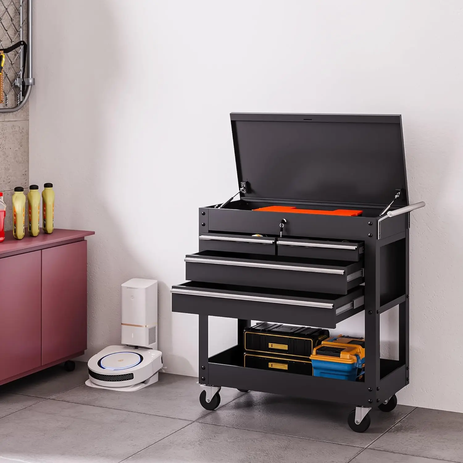 Tool Cart 4 Drawers – Heavy Duty Steel Cabinet – 200lbs Top, Locking System – Mobile Storage – Garage/Workshop – 33.6×17.7" – Lockable Casters