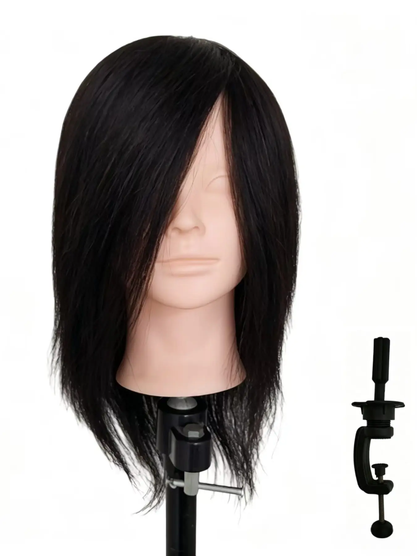 16-Inch Human Head Model with Real Hair, Training Mannequin Head, Ideal for Hairstyling Practice, Includes Free Clip Stand, Professional Use