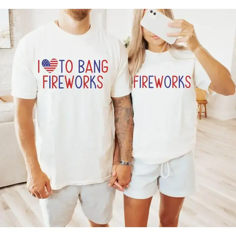 Couples Graphic T-Shirt Set for Women & Men, Funny 4th of July I Love to Bang Personalized Cotton Polyester Blend Shirts, His And Hers, Graphic Couples Clothing Sets, Regular Fit