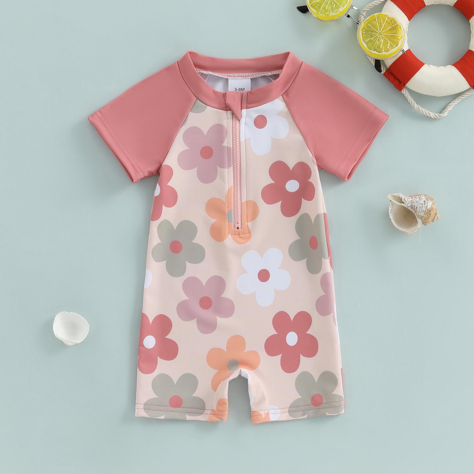 Toddler Girls Rash Guard Swimsuit Flower Starfish Shell Pattern Zip Up Short Sleeve Crew Neck Baby Girls Swimwear