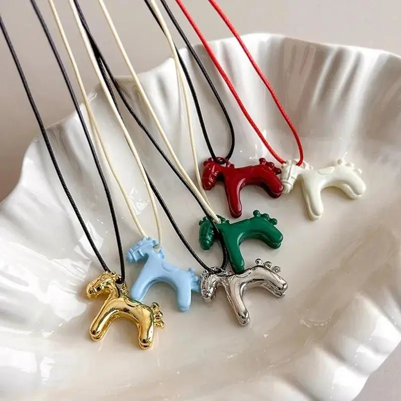 Fashion Cute Colorful 3D Horse Pendant Long Necklace for Women Adjustable Sweater Chain Jewelry Gifts Neck Lanyard Accessories