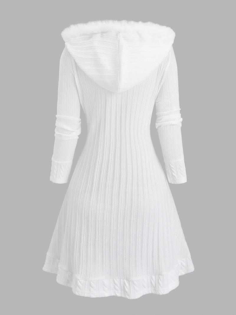 Women's Solid Color Fuzzy Trim Hooded Long Knitted Coat, Casual Long Sleeve Button Front Outerwear for Fall & Winter, Ladies Clothes for Daily Wear