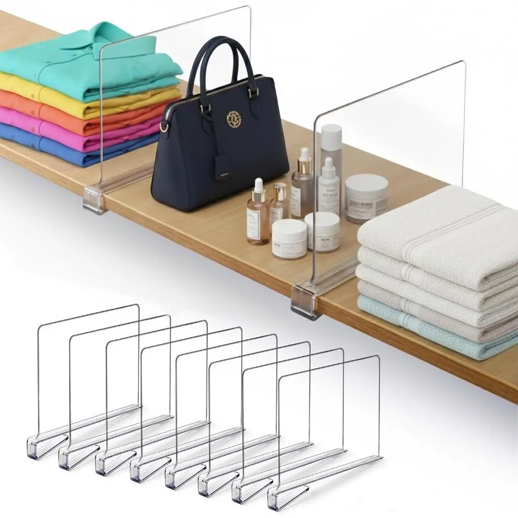8 Pack 11x7.9 Inch Clear Acrylic Shelf Dividers for Closet Vertical Shelf Separators for Purses Clothes Storage Bookshelf Dividers for Bedroom & Kitchen
