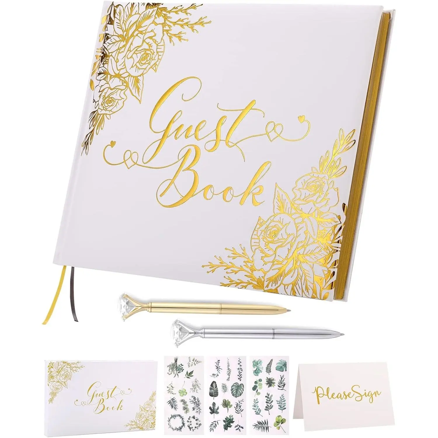 Wedding Guest Book with Pens, 9x7 Inch | Personalized Photo Album Sign in Book, Gold Foil Hardcover & Gilded Edges for Weddings, Baby Showers & Parties