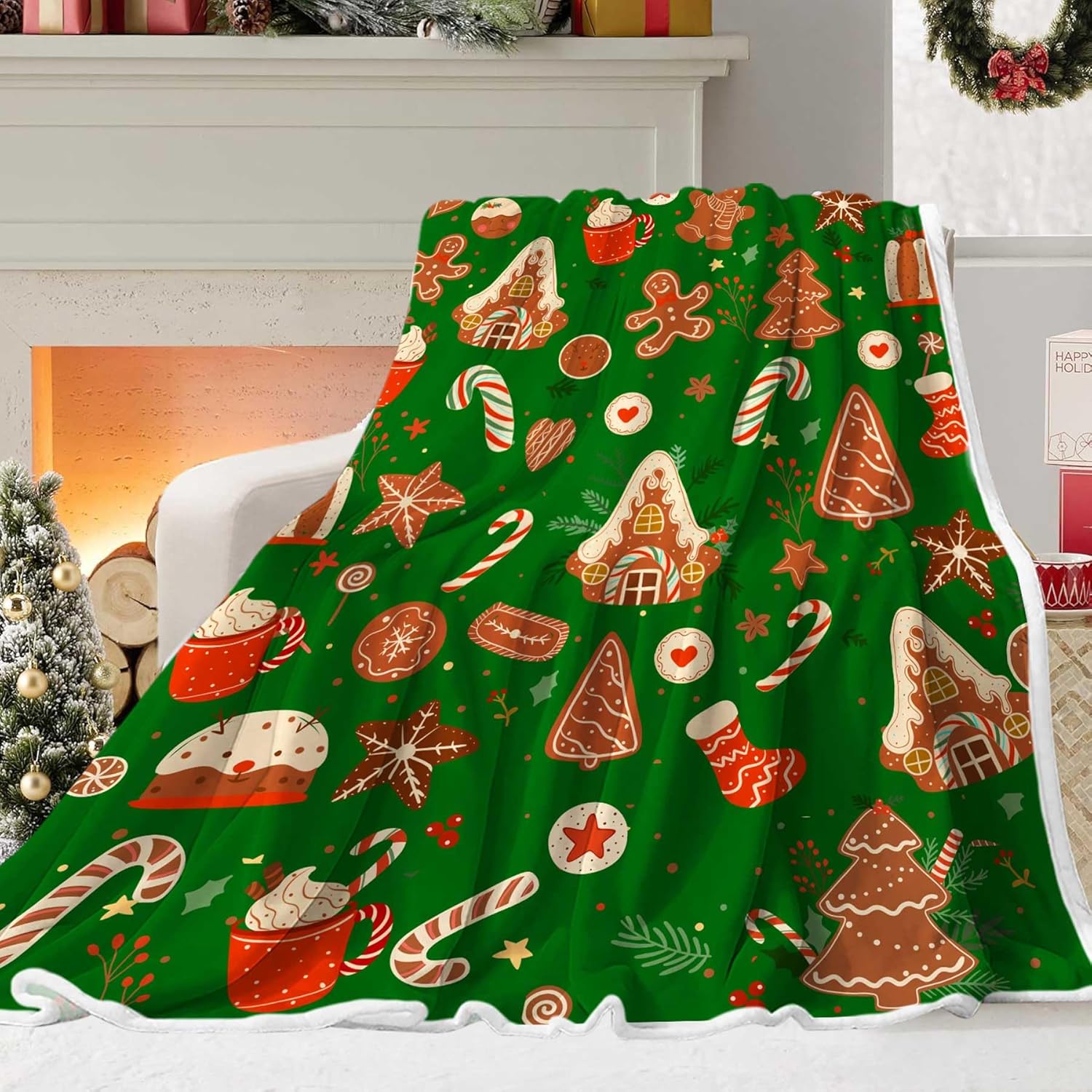 Pink Christmas Gingerbread Man Throw Blanket, Winter Cute Star Snowflakes Candy Cane Throws Blankets, Xmas Soft Lightweight Holiday Blanket for Couch Sofa Bed Chair Living Rooms Decor