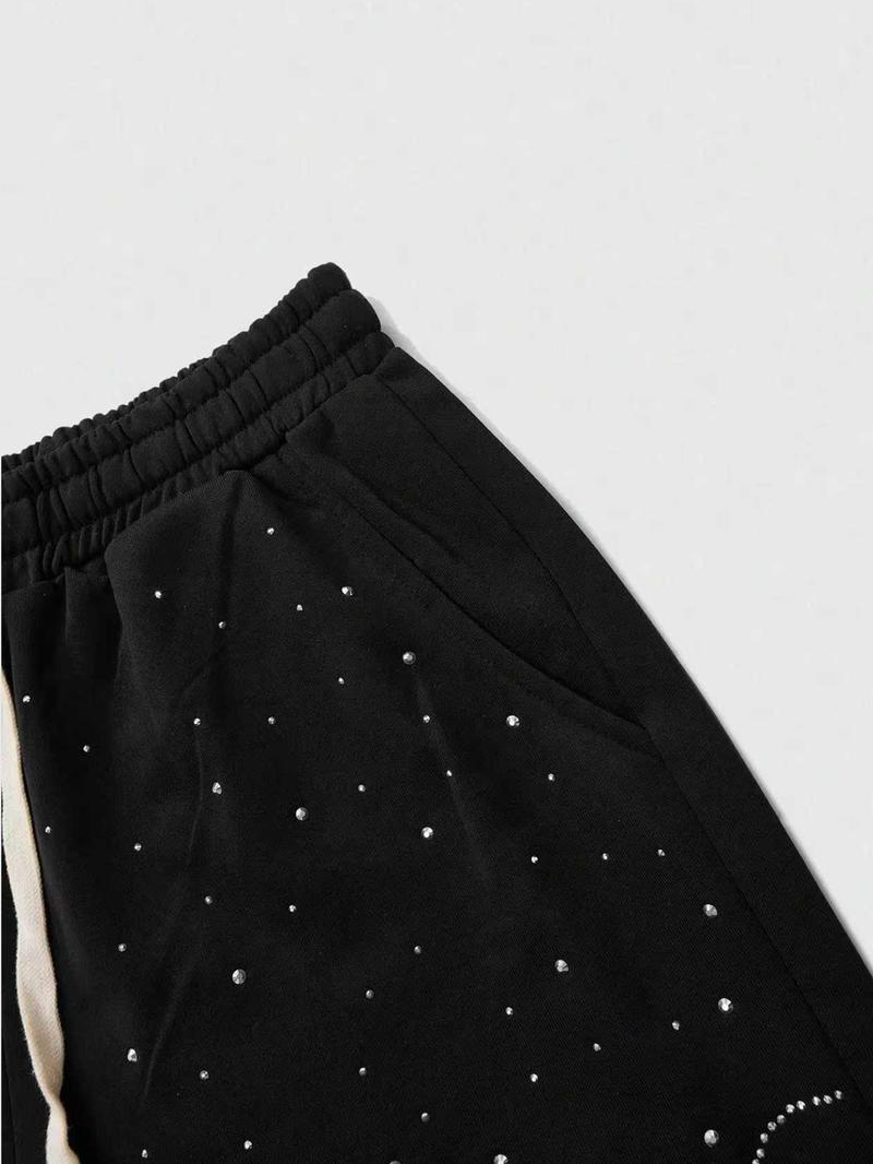 Men's Street Style Straight Leg Sweatpants, Design Sense American Fashion Rhinestone Embroidery, Unisex Casual Pants for Daily Wear, Casual Sporty Trousers