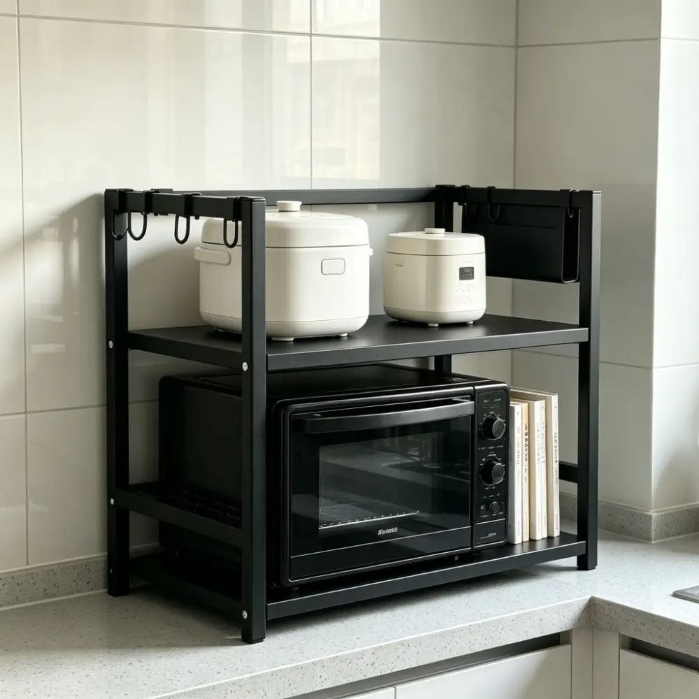 Multi-Functional Kitchen Shelf, Adjustable Microwave Oven Rack, Large Capacity Rice Cooker Holder, Desktop Storage Organizer