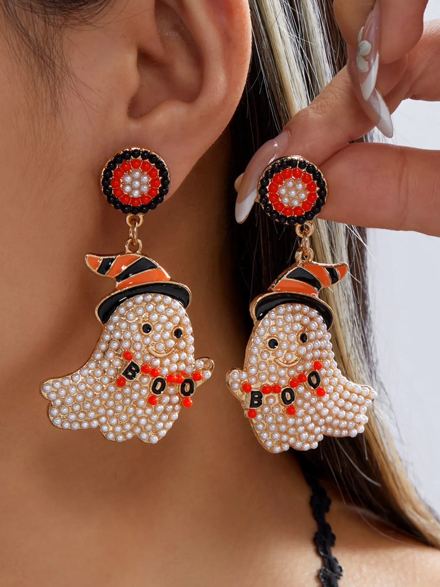 1 Pair BOO Ghost Wizard Hat Pearl Dangle Earrings Fun Sweet Cool Halloween Style Beaded Enamel Alloy Drop Earrings Holiday Party Cosplay Outfit Jewelry