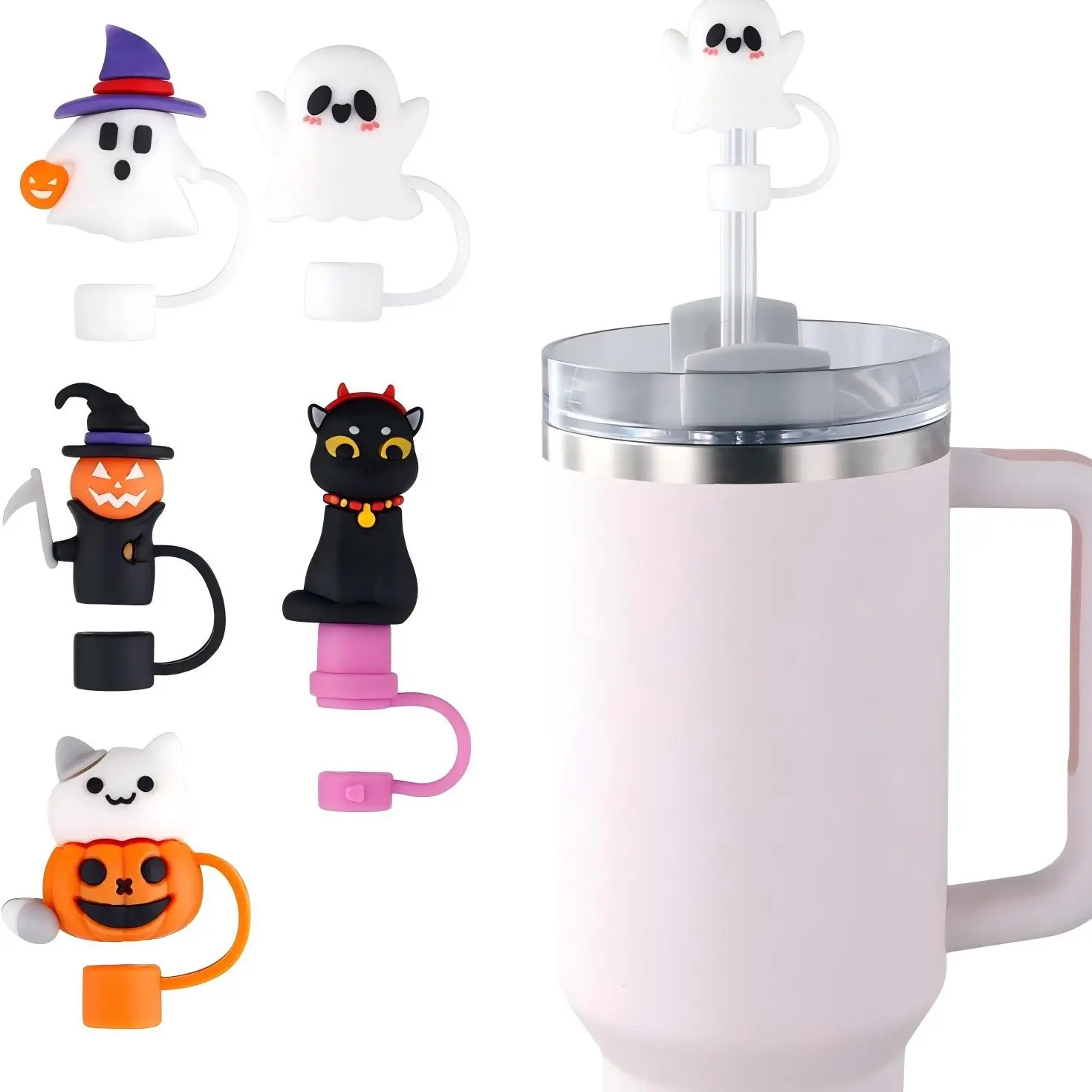 Halloween Silicone Straw Caps – Cute Ghost, Pumpkin & Black Cat Straw Toppers for Tumblers, 10mm Straws. Reusable Drink Covers for Halloween Parties, Holiday Decorations, Beverage Identification and Festive Drink Accessories.