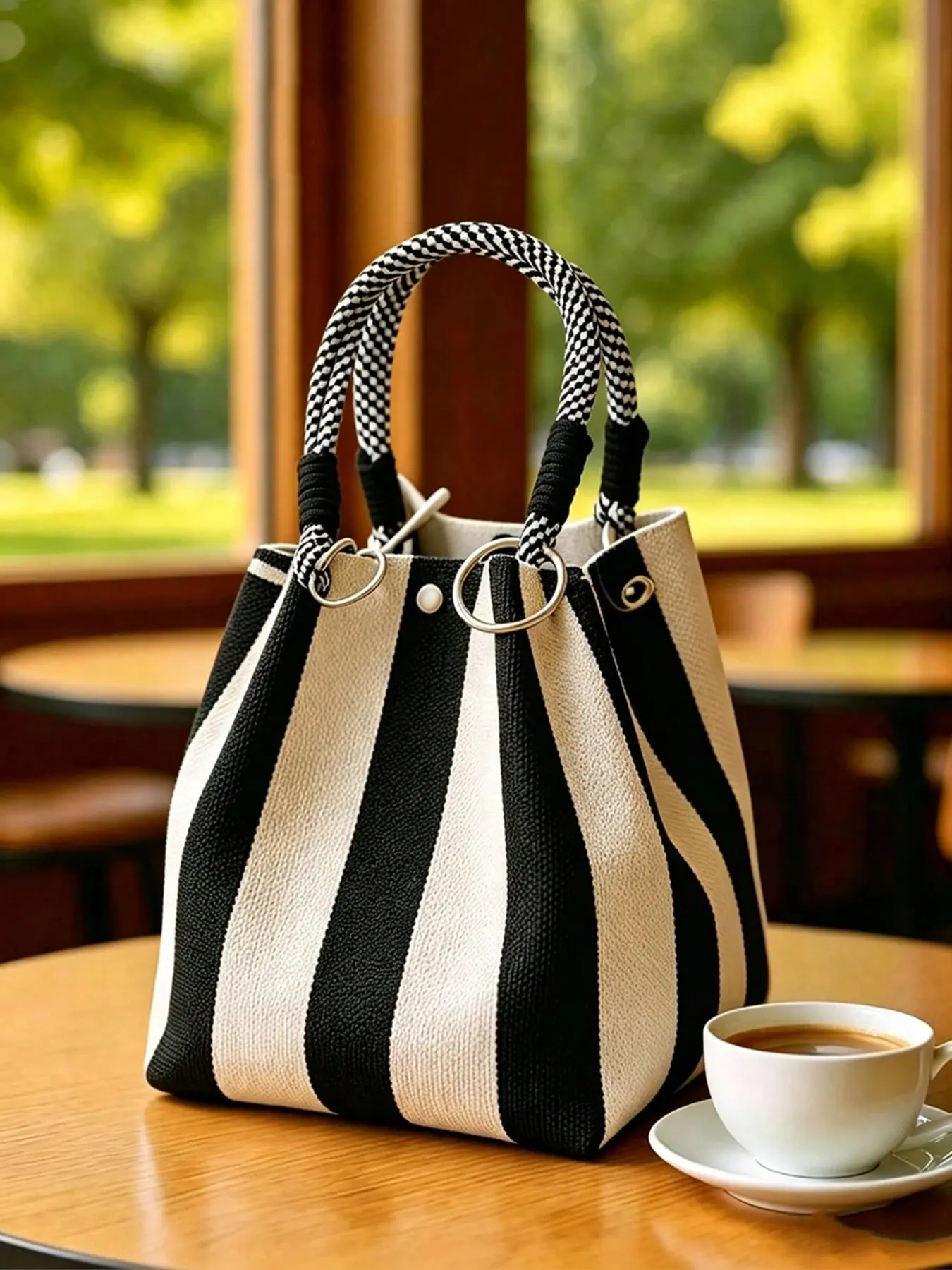 Simple and high-end casual versatile retro striped handbag, relaxed and fashionable practical texture bucket bag, lightweight and easy to carry, suitable for commuting to work, shopping in the mall, dating