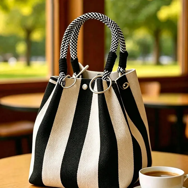Simple High-End Retro Striped Bucket Bag, Versatile Casual All-Seasons Handbag, Lightweight and Easy to Carry, Perfect for Work, Shopping, and Dates, Versatile Bucket Purses