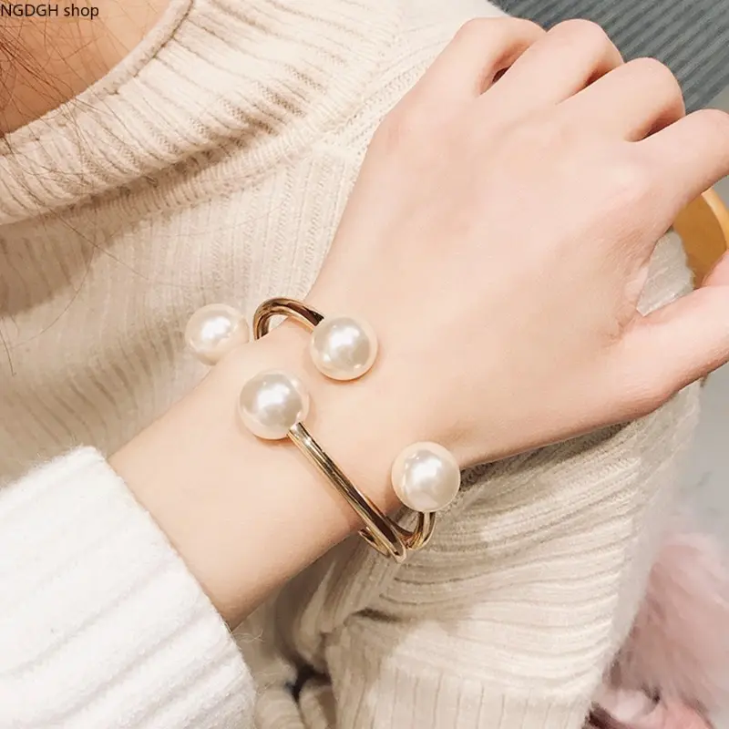 Women's Gold Pearl Open Cuff Bangle - Large Pearls Elegant Fashion Jewelry Accessory for Daily, Party Wear, Accessories For Women