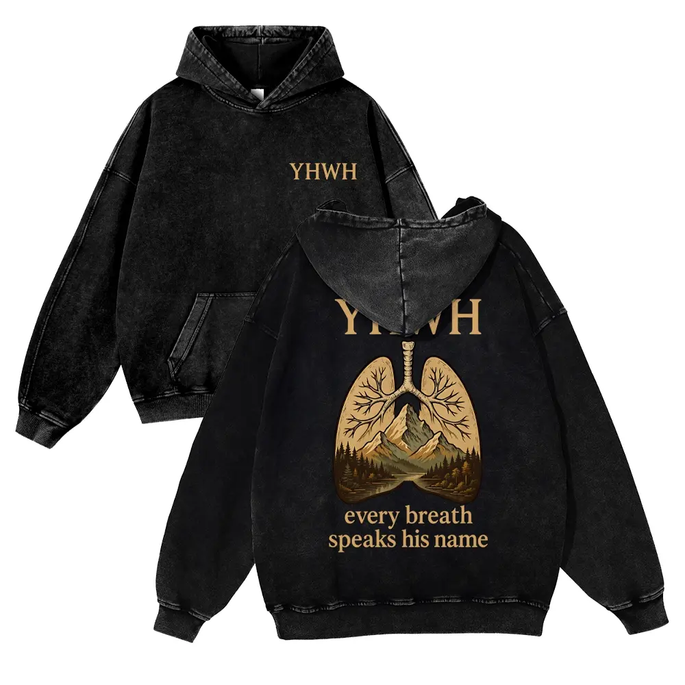Vintage Washed Black Christian Hoodie Unisex Oversized YHWH Graphic Pullover Sweatshirt - "Every Breath Speaks His Name" Mountain Nature Faith Streetwear Hoodies