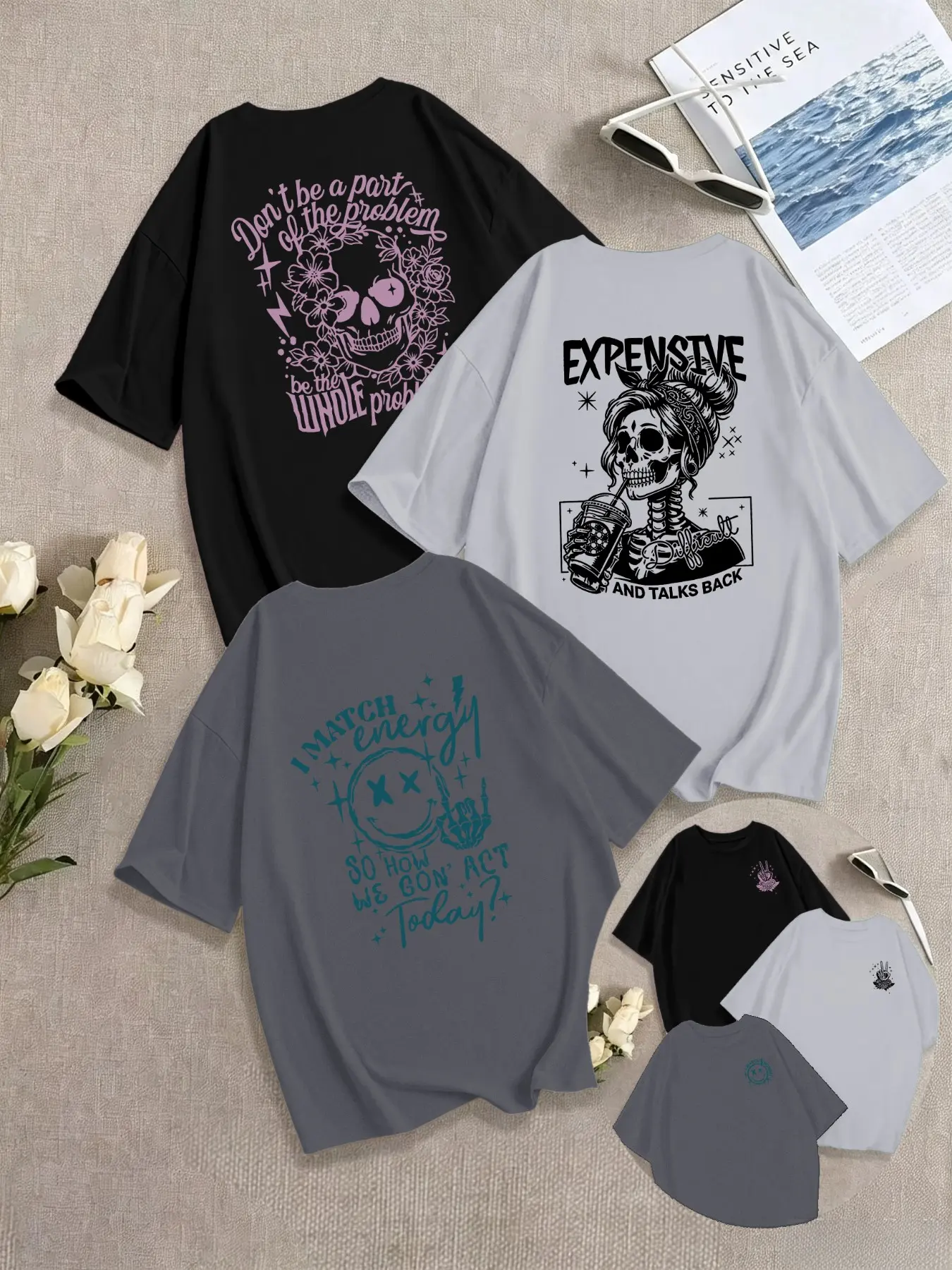 Women's Round Neck Short Sleeve T-Shirt 3-Pack, Summer New Arrival, Skull Graphic Print, Casual Loose Fit, Breathable Streetwear Top
