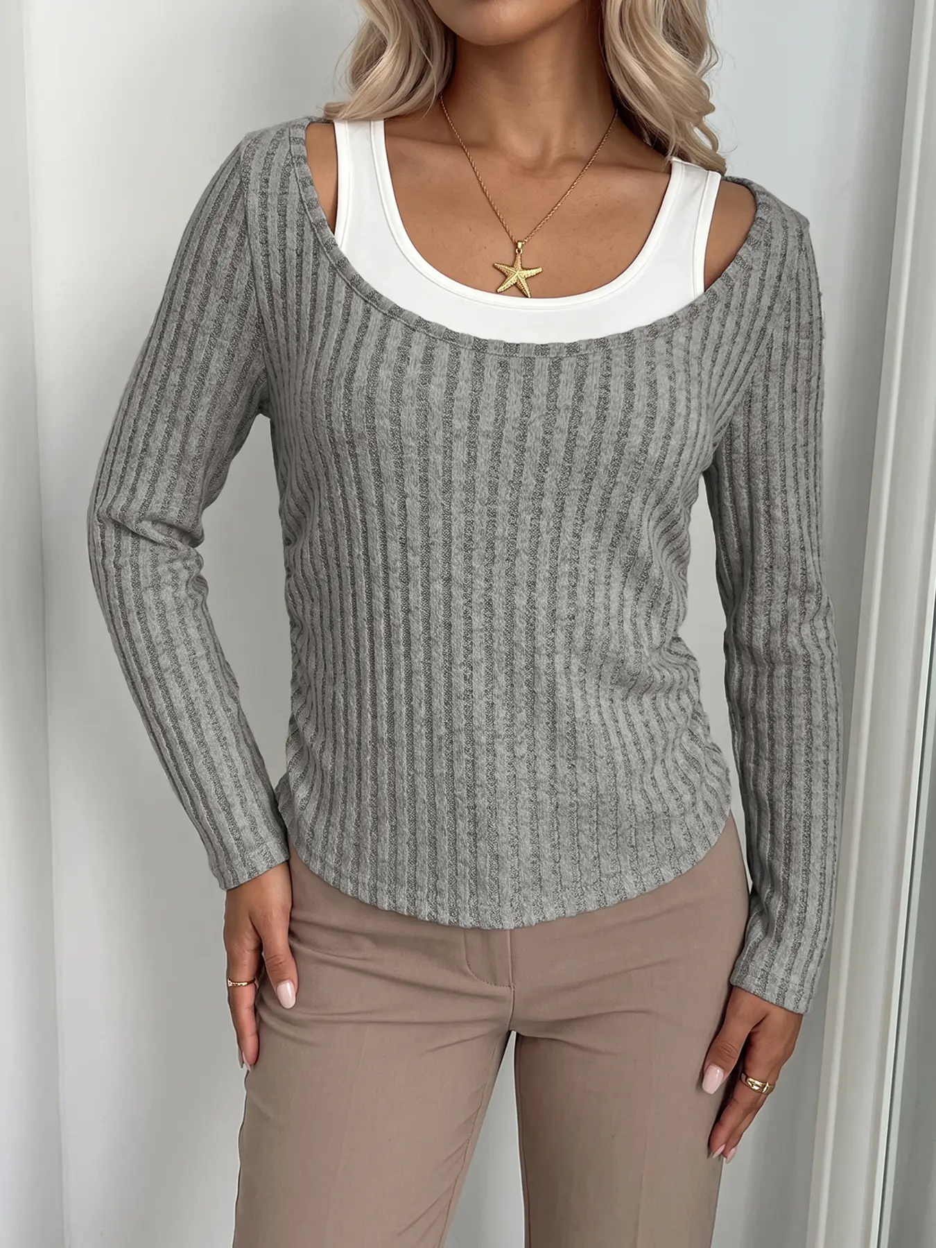 Pinstripe Colorblock Fake Two-Piece Inner Top, Stylish Layering Piece, Versatile Base Layer for, Perfect for Daily Wear