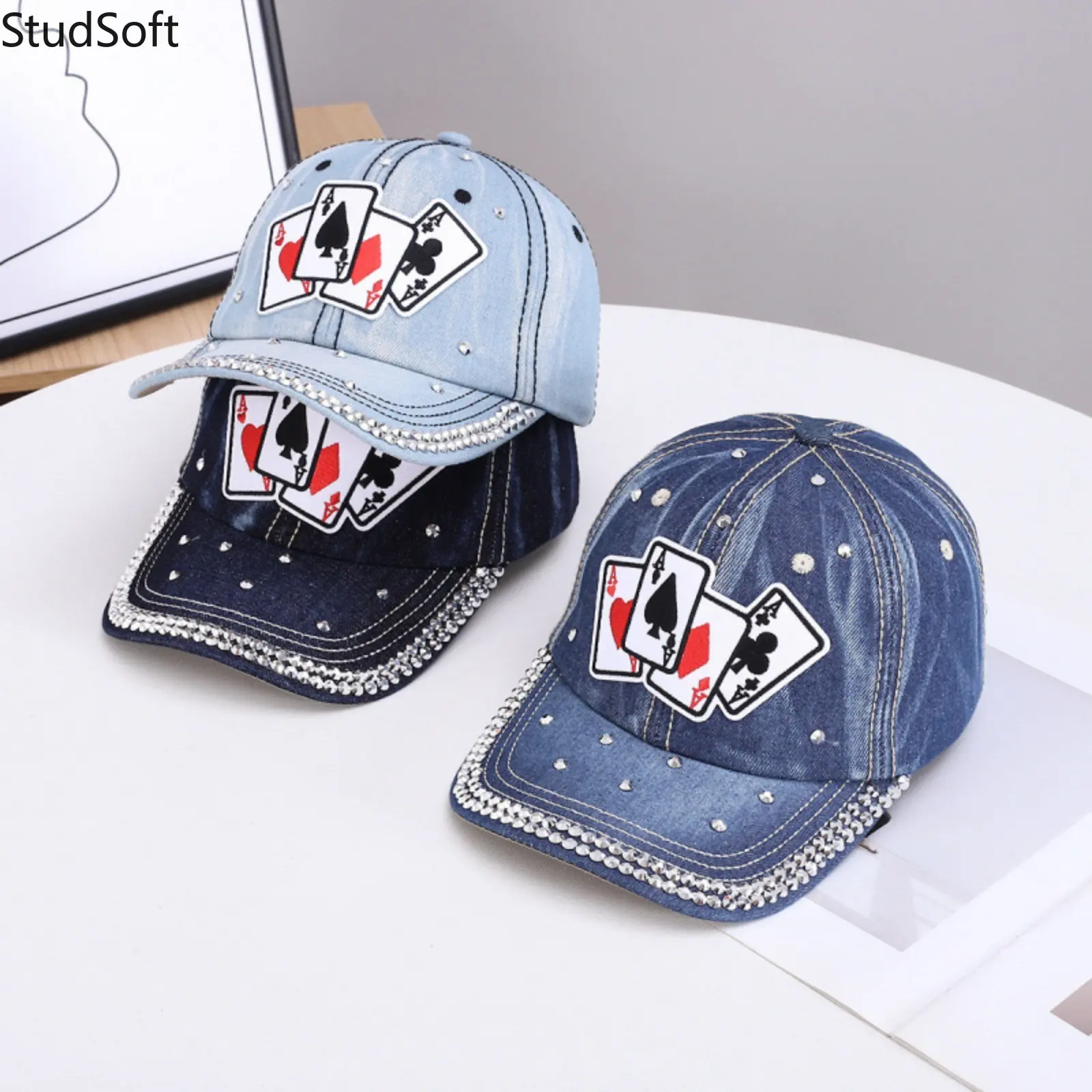 Womens Denim Baseball Cap Y2K Playing Cards Patch Adjustable Snapback Hat Bling Rhinestone Sun Visor Poker Ace Headwear For Summer Casino Party