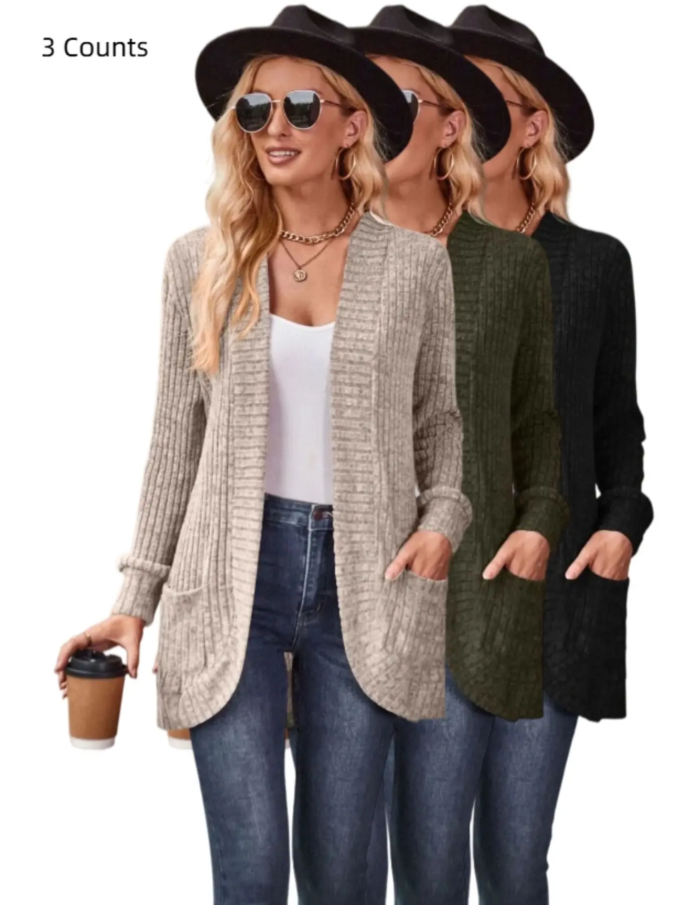 Women 1/3 Piece Women Open Front Textured Knit Cardigan Long Sleeve With Pockets Casual Mid Length Loose Outerwear