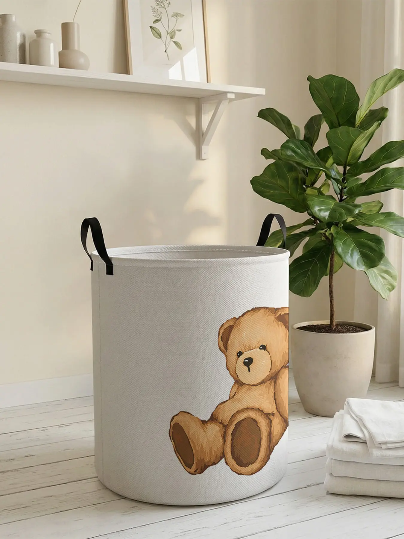 Durable Foldable Laundry Hamper with Bear Pattern Handle, Large Capacity Storage Bag for Home Use, All-Season Casual Design, Clothes Hamper, Foldable Laundry Basket