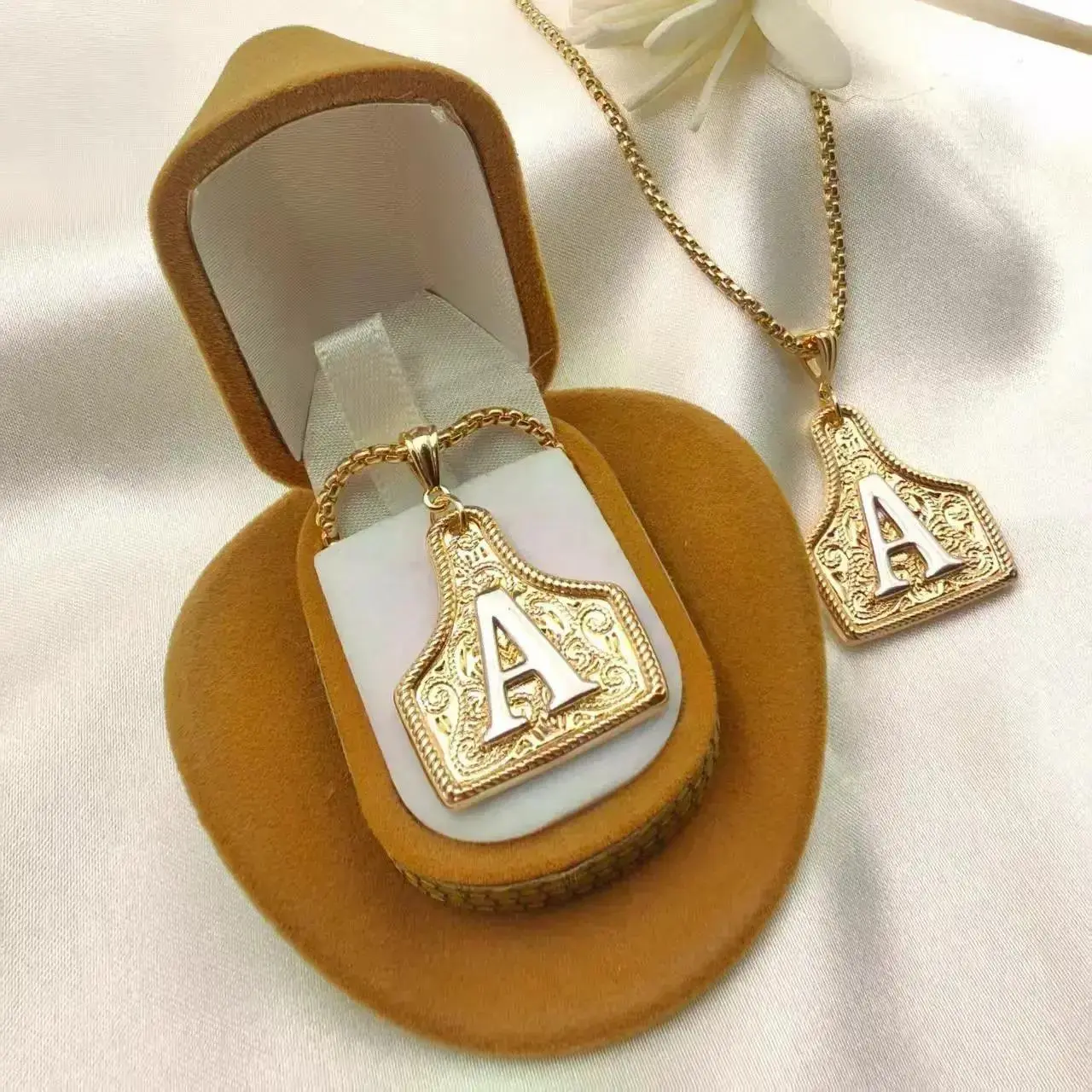 Two-Tone Gold & Silver Initial Necklace, Handmade Cow Tag Pendant with Adjustable Chain, Unisex Personalized Jewelry