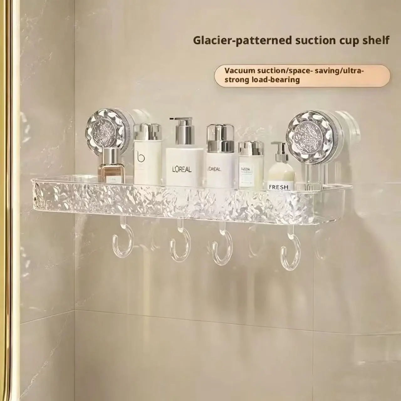 1pcs Bathroom Suction Cup Shelf with Hooks, Luxury Glacier Pattern, No Drilling, Waterproof, for Bathroom and Kitchen, Home Daily Use, Bathroom Organizing Accessories