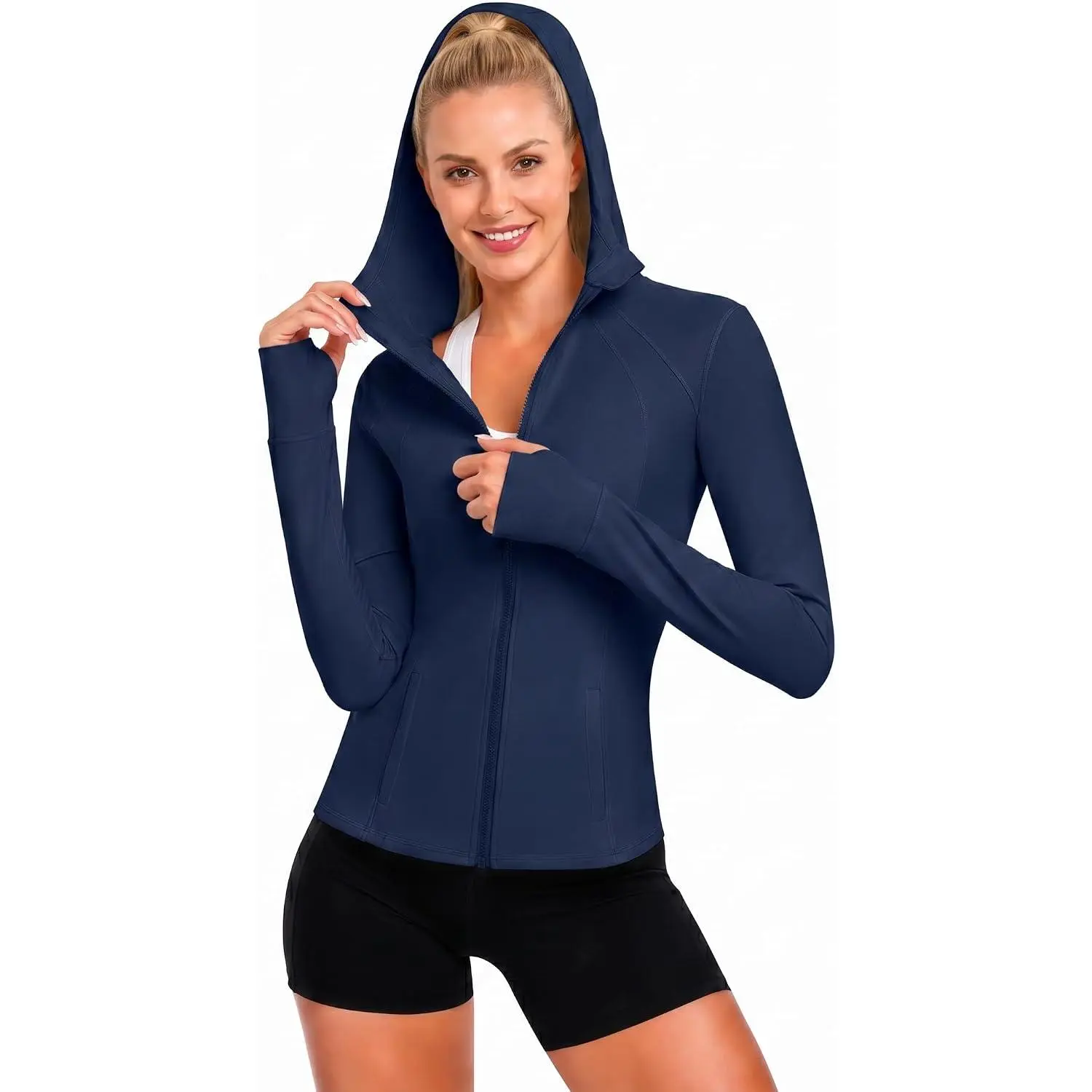 Slim Fit Hooded Full-Zip Midweight Running Track Jacket, Fall Workout Athletic Jackets Zip Up