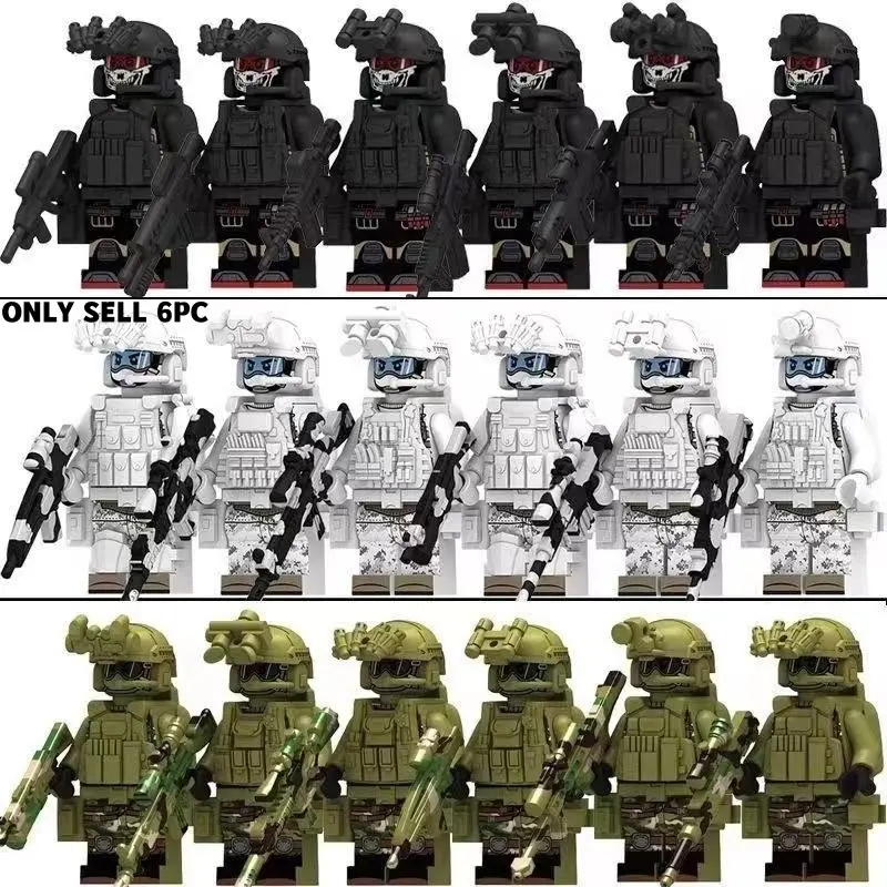 6pcs multi-style ghost camouflage tactical building block minifigures, compatible with standard interlocking building blocks, fully equipped with complete tactical decorative accessories, DIY assembly collectible figure display set, Building Block Sets