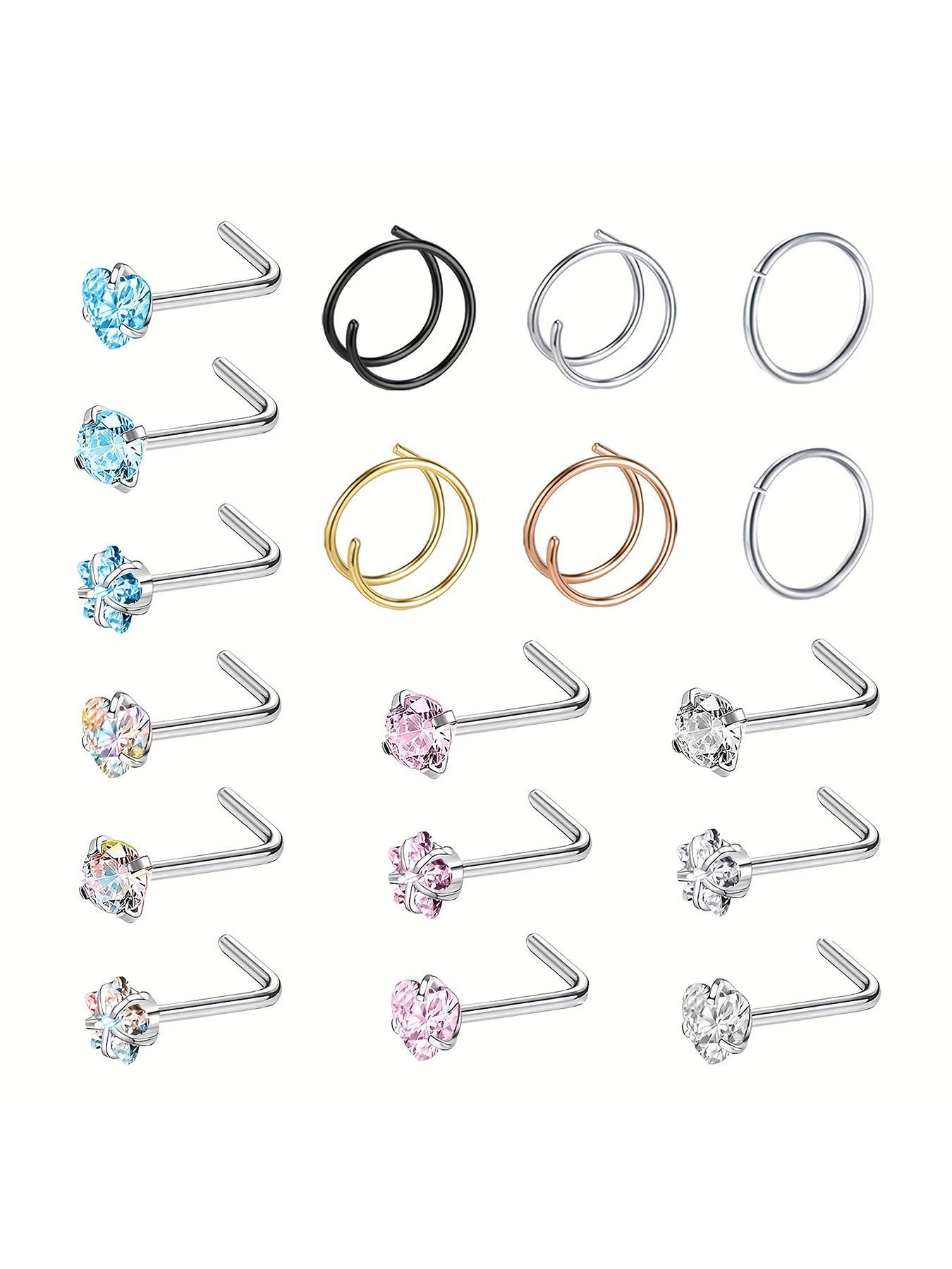 18pcs Rhinestone Decor Spiral Nose Ring & L-shaped Nose Stud Set, Nose Rings Set, Casual Stainless Steel Jewelry for Vacation Party Daily Gift, Classic Fashion Accessories for Daily Wear