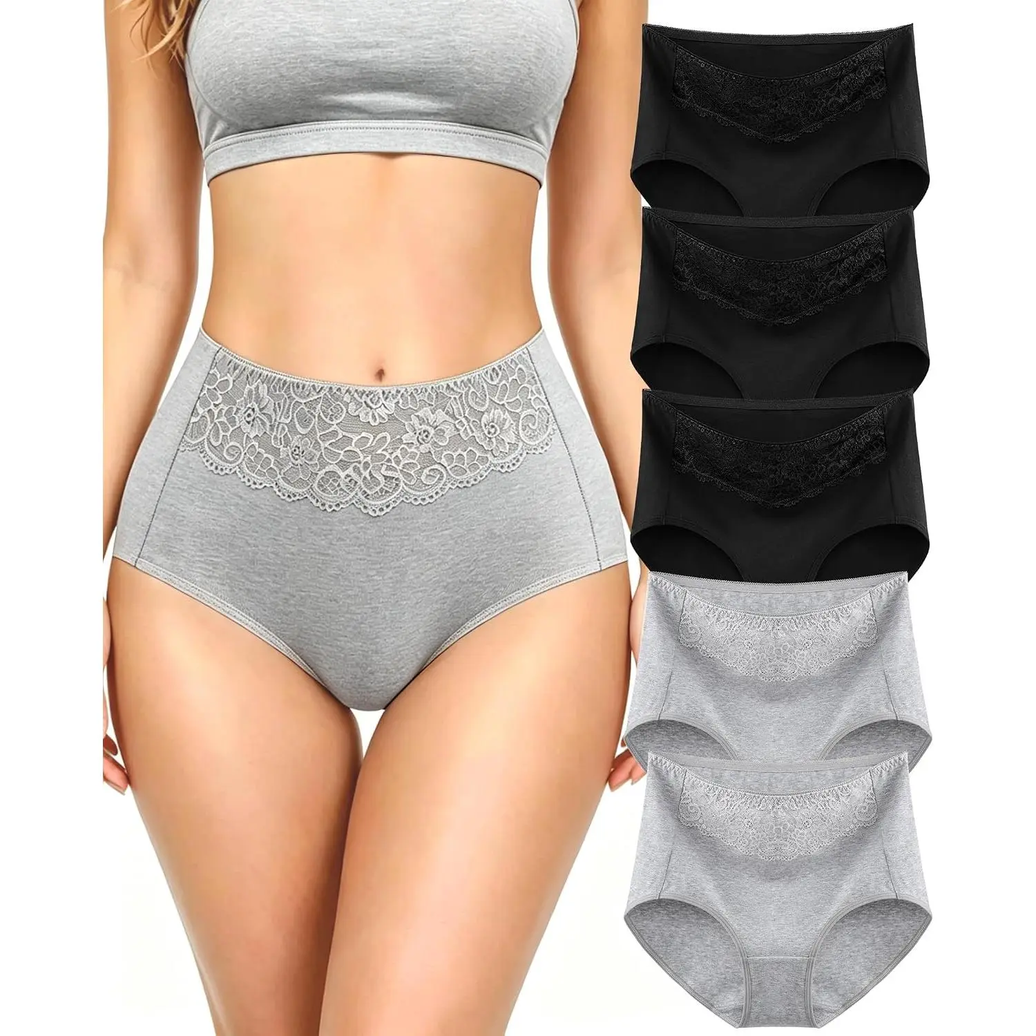 Women's High Waisted Cotton Underwear Soft Breathable Full Coverage Stretch Briefs Ladies Panties 5-Pack