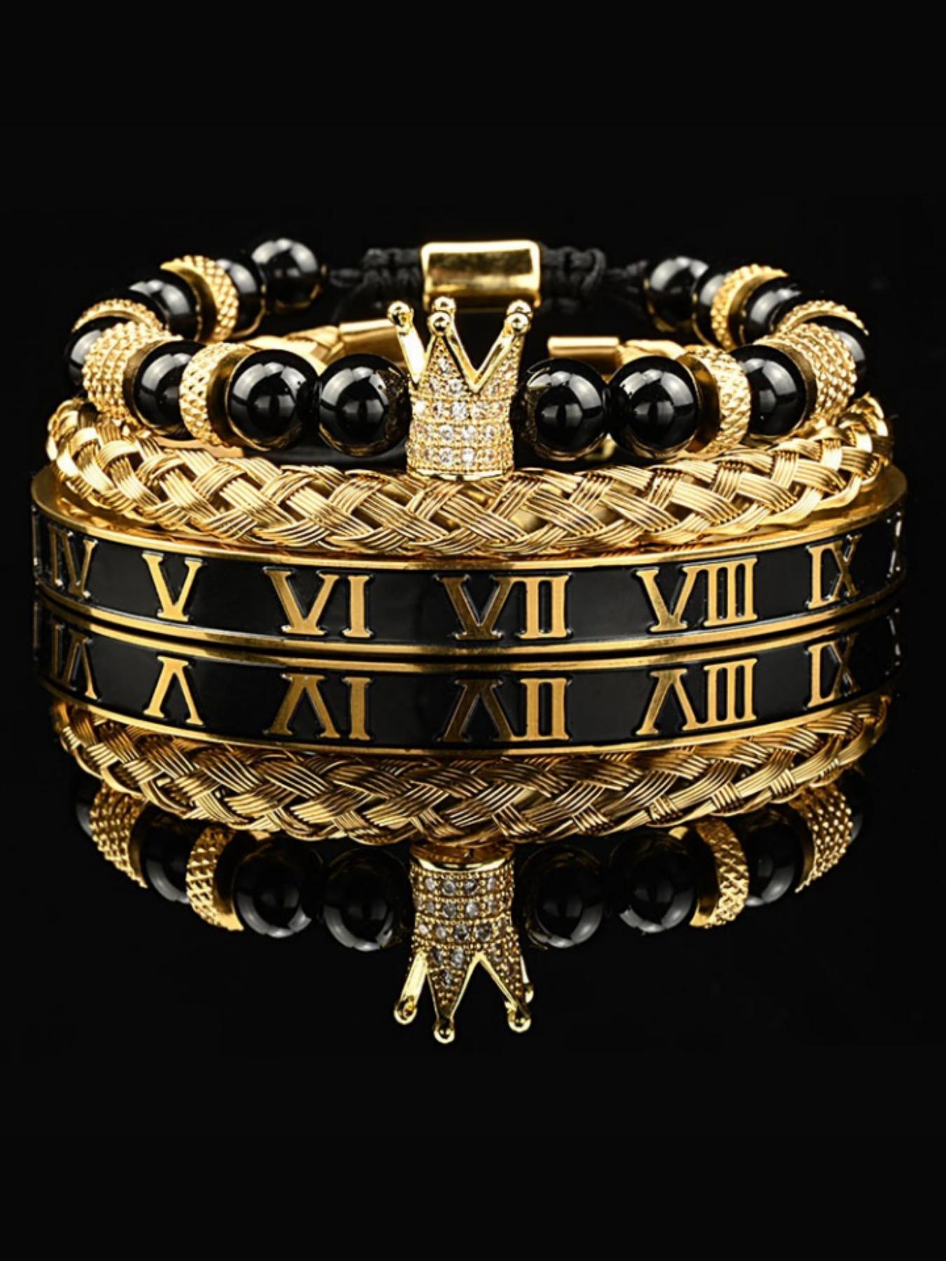 Men's Black Onyx Bracelet Set, Rhinestone Crown Decor Beaded Bracelet, Braided Bracelet, Rhinestone Decorated Bracelet, Bracelet for Men, Jewellery Accessories for Gift, Accessories, Bracelets