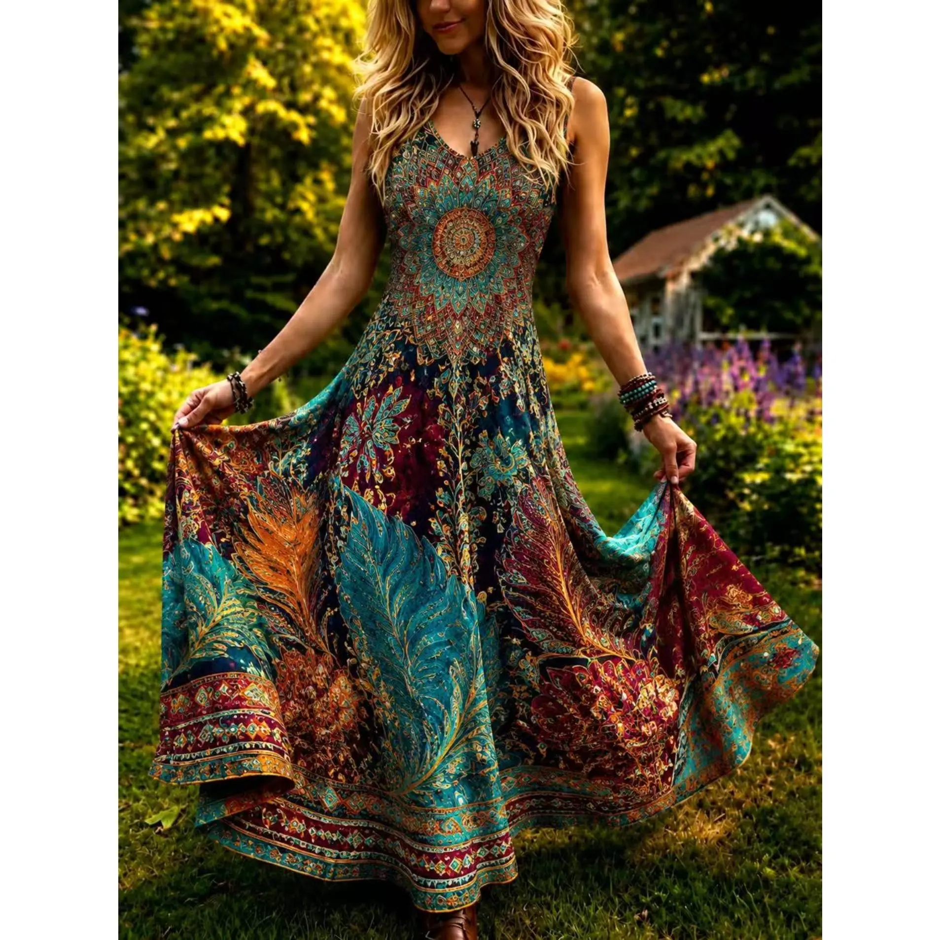 Women's 2026 New Casual Bohemian Mandala Print Sleeveless Suspender Dress - Loose Thin Maxi Festival Wear for Summer, Festival Wear Women
