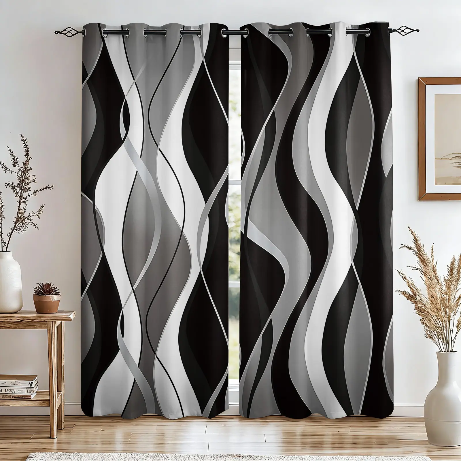 2-Piece Black White Gray Abstract Wave Blackout Curtains. Sleep-Friendly & Energy-Saving With Minimalist Geometric Prints. Fits Teen & Adult Bedrooms, Dorms. Modern Light Luxury Decor, Multiple Colors Available