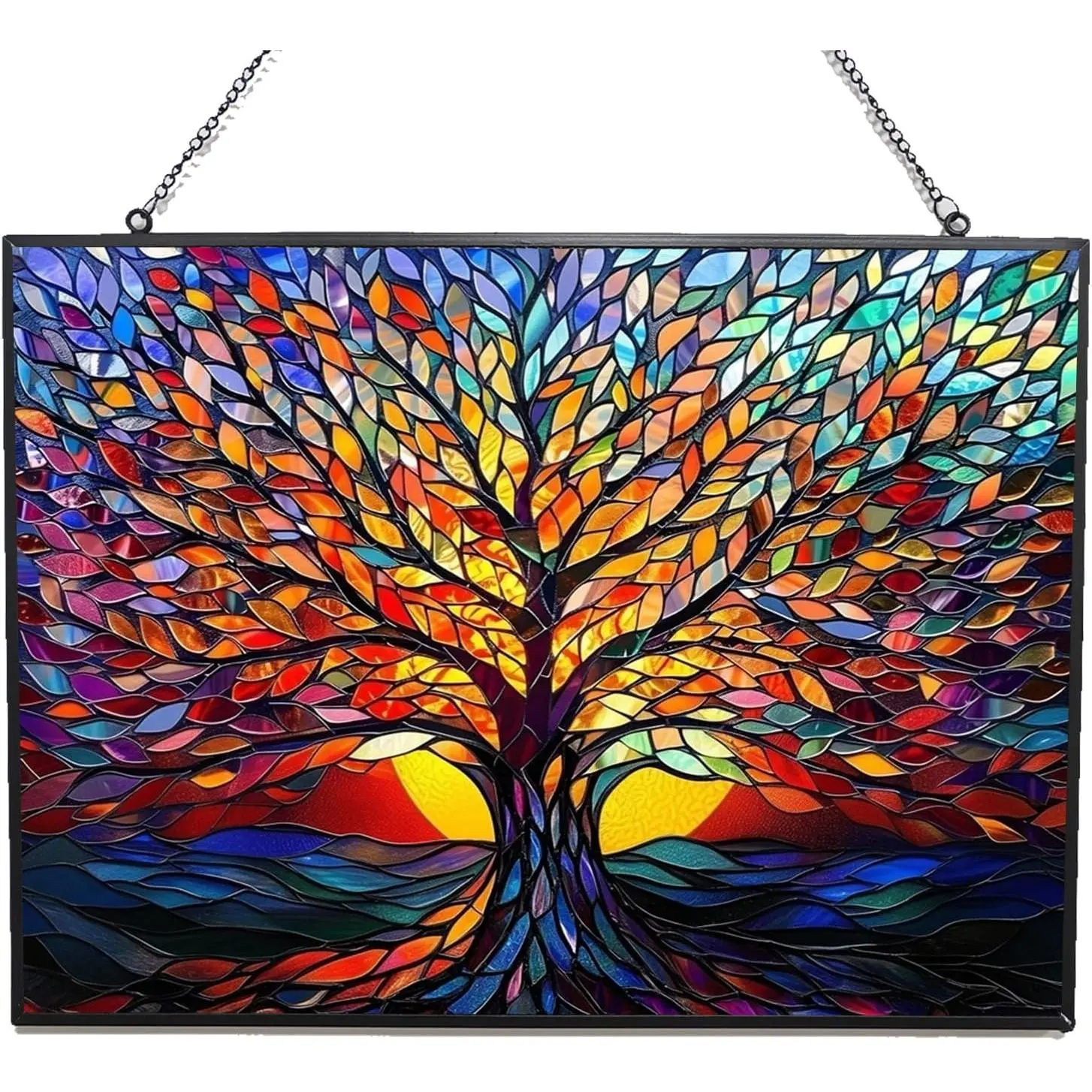 Rectangle Tree of Life Stained Glass Window Hanging, 15" W X 11" H Stained Glass Panel with Chain, Suncatchers for Windows Hanging Decorations, Gifts for Mom, Grandma, Wife, Sister
