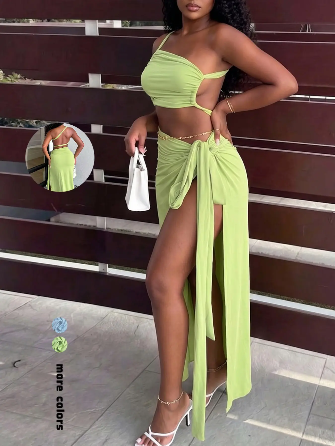 Women's European Style Vacation Set, One-Shoulder Midriff Top + Side Slit Bodycon Long Skirt, Beach, Fashionable Summer Wear Fit