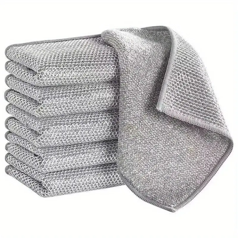 20 Packs of Double-layer Silvery Wire Rags, Kitchen Household Dishwashing Rags, Scouring Cloths, Steel Wire Balls, Non-stick Oil Rags, Decontamination, Cleaning, Wet and Dry Use