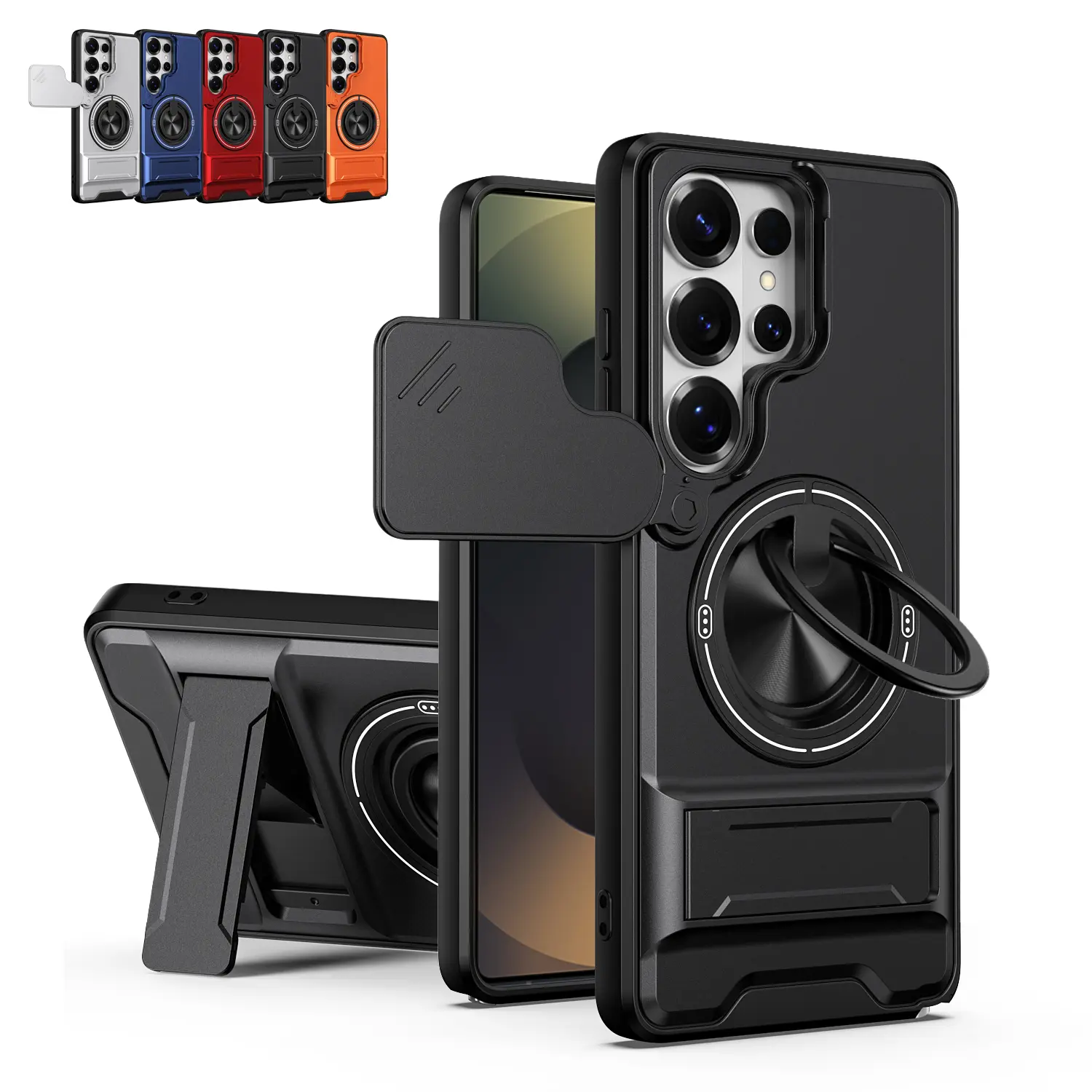 OREKROY Magnetic Slide Camera Lens Cover Case for Samsung Galaxy S26 Ultra S25 S24 S23 S22 Ultra, MagSafe Compatible Heavy Duty Shockproof Phone Case with 360° Rotatable Ring Kickstand, Built-in Grip Stand, Dustproof Protective Cover for Camera Protection