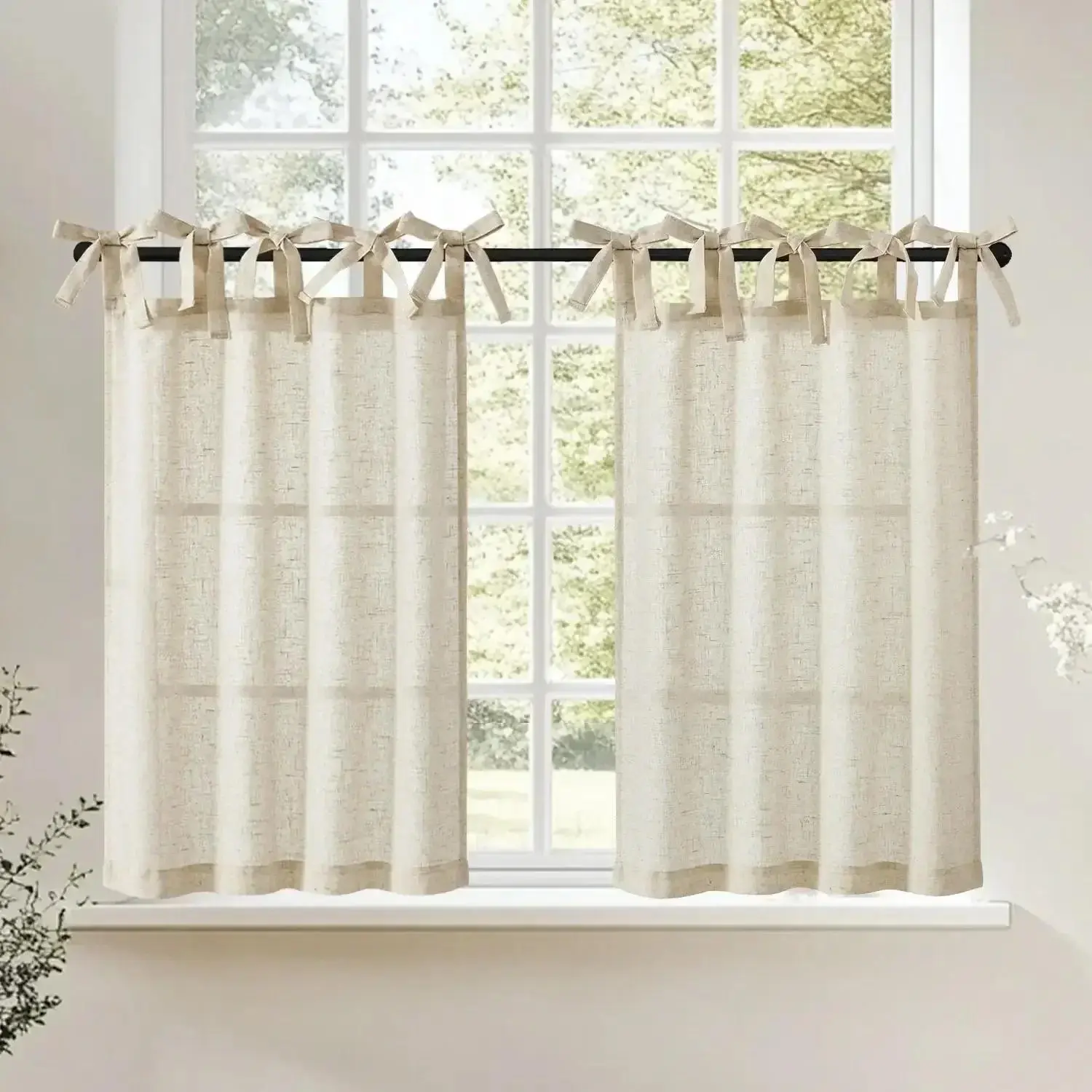 Solid Linen Blend 2-Panel DIY Tie-Top Kitchen Curtains, Farmhouse & Camper Use, Tumble Dry Low, Suitable for Cabinets, Two Panels