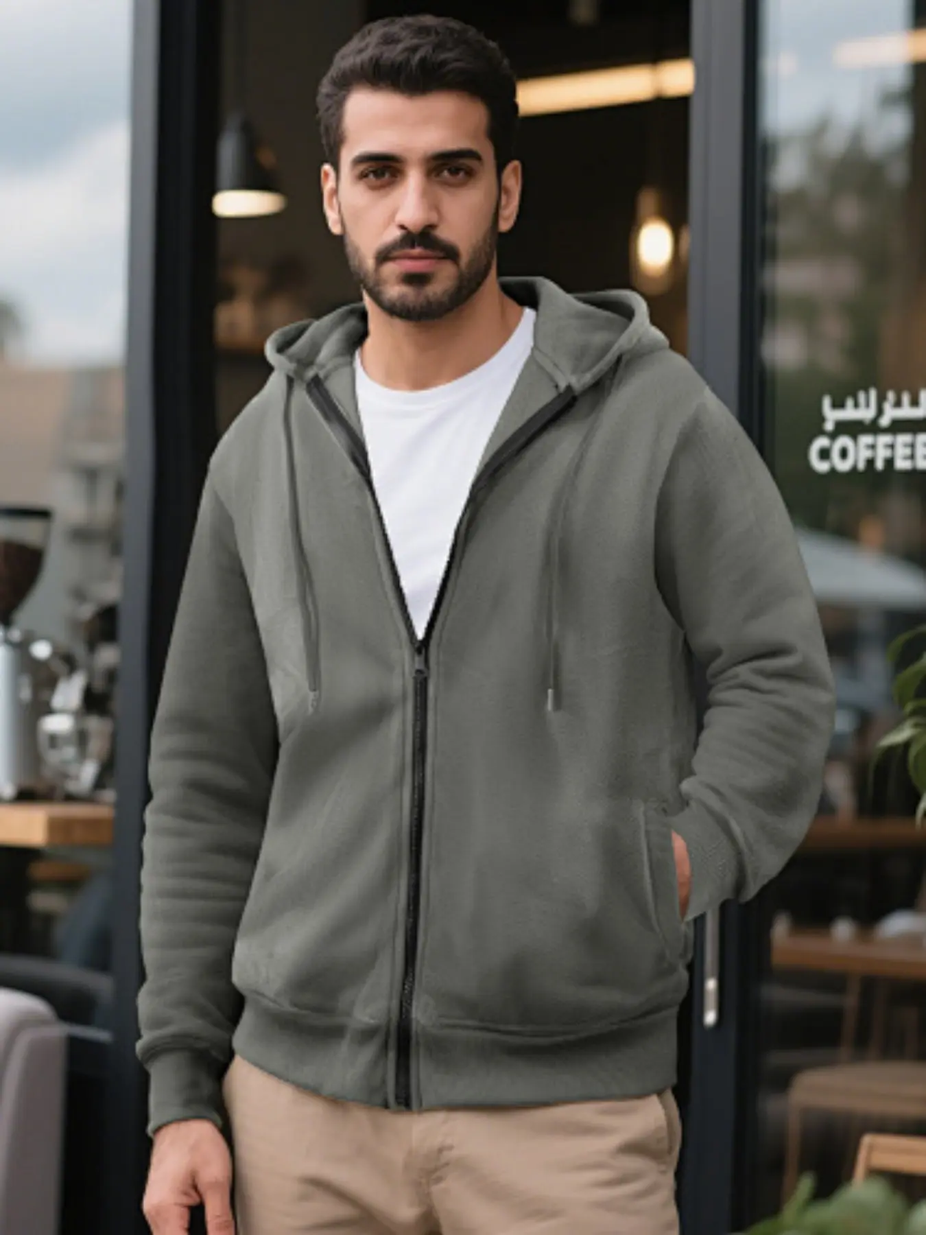 Men's Zipper Hooded Solid Color Long Sleeve Sweatshirt Jacket, Drawstring Dual Side Pockets, Loose Fit Fall Winter Casual Open Front Top