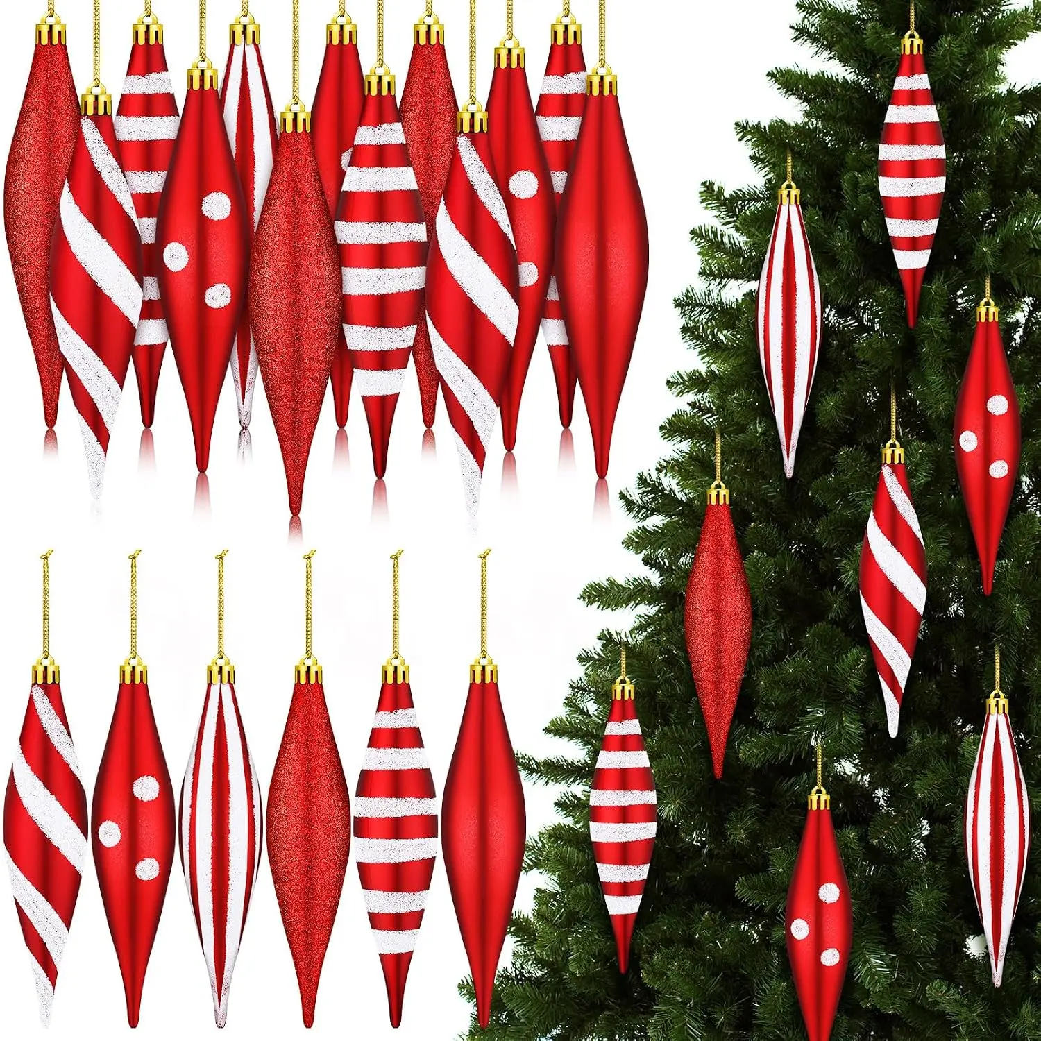 12 count Red and White Christmas Ornaments 6.3 Inch Droplet Stripe Dot  Christmas Ornaments for Xmas Tree Decor for  and Holiday Party Xmas Trees Accessories