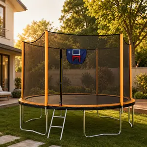 14FT High-Bounce Outdoor Trampoline with Basketball Hoop, Inflator & Ladder - Orange Steel Frame, W-Shape Legs, PE UV-Resistant Cover, Safety Enclosure Net, Jumping Mat for Kids Backyard Fun, Family Exercise