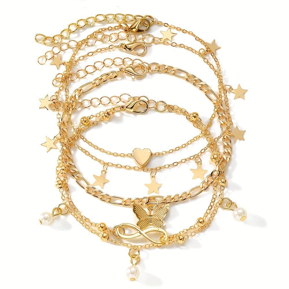 4Pcs Stackable Dainty Chain Anklet Set for Women - Trendy Butterfly & Infinity Charm Beaded Foot Jewelry, Adjustable Summer Beach Essentials.