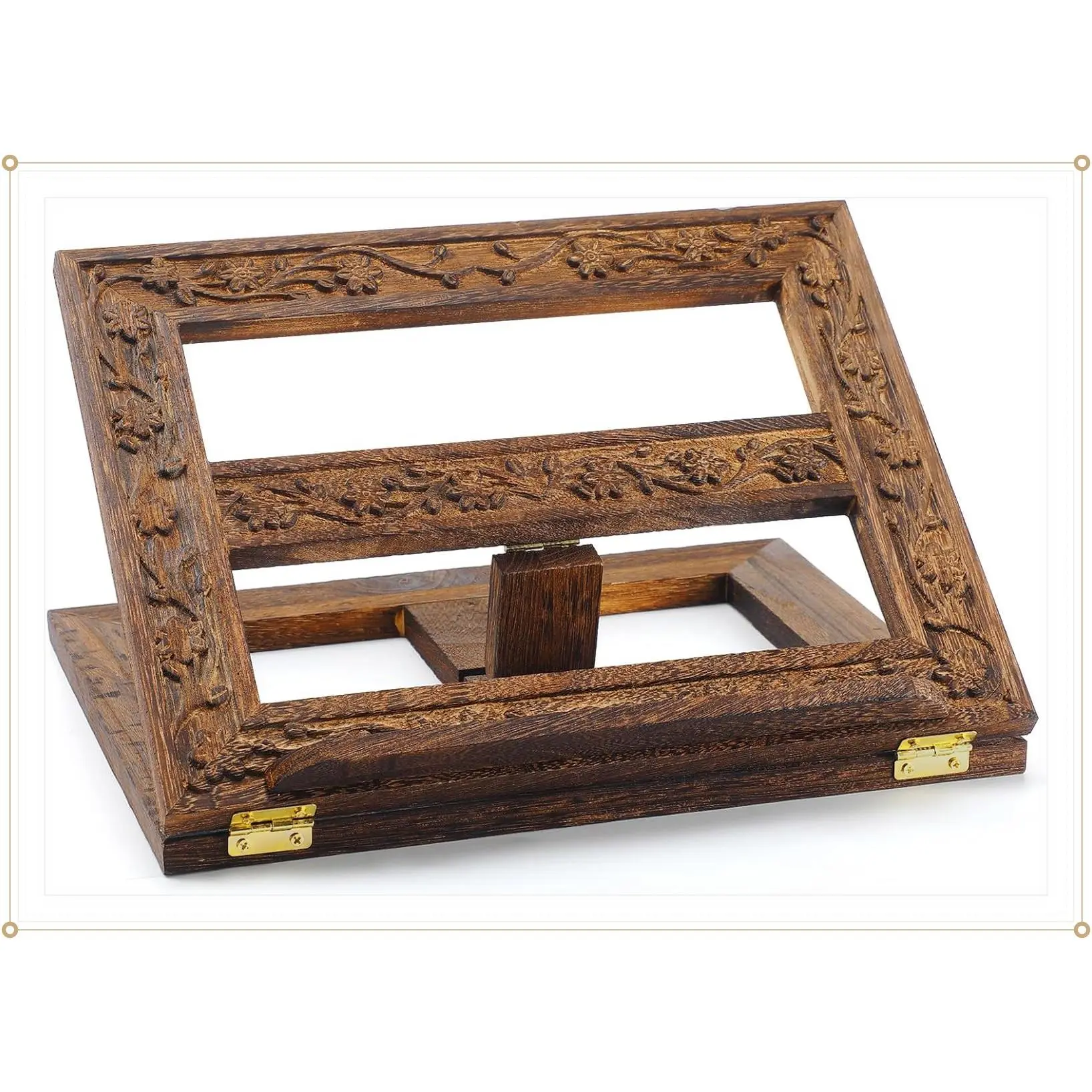 DoubleFill Adjustable Wooden Bible Stand Carved Bible Holder Missal Stand Book Display for Reading Folding Religious Prayer Wooden Holy Book Holder 12.99 x 10.04 Inches(Dark Brown)(Gift)