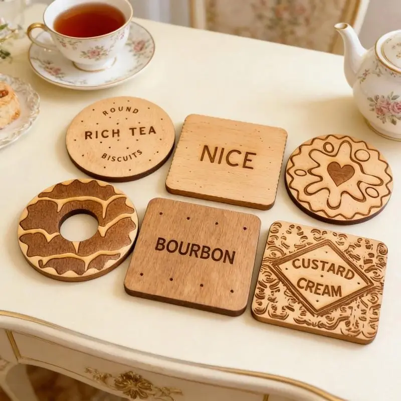 6 Piece Set Classic Round Wooden Coasters, Bourbon Whiskey, Custard, British Breakfast Tea, Jam Sandwich Cookies, Handmade Home Decor