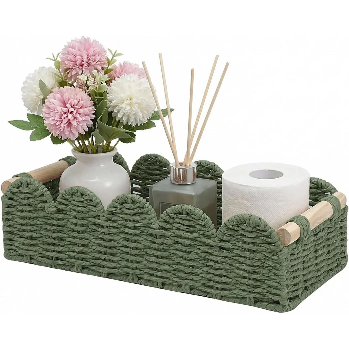 Paper Rope Bathroom Basket Organizer, Scalloped Edge Toilet Tank Storage Basket with Wooden Handles, Wicker Toilet Paper Basket for Bathroom Countertop, Over Toilet Tank Shelf Decor (Green, L)
