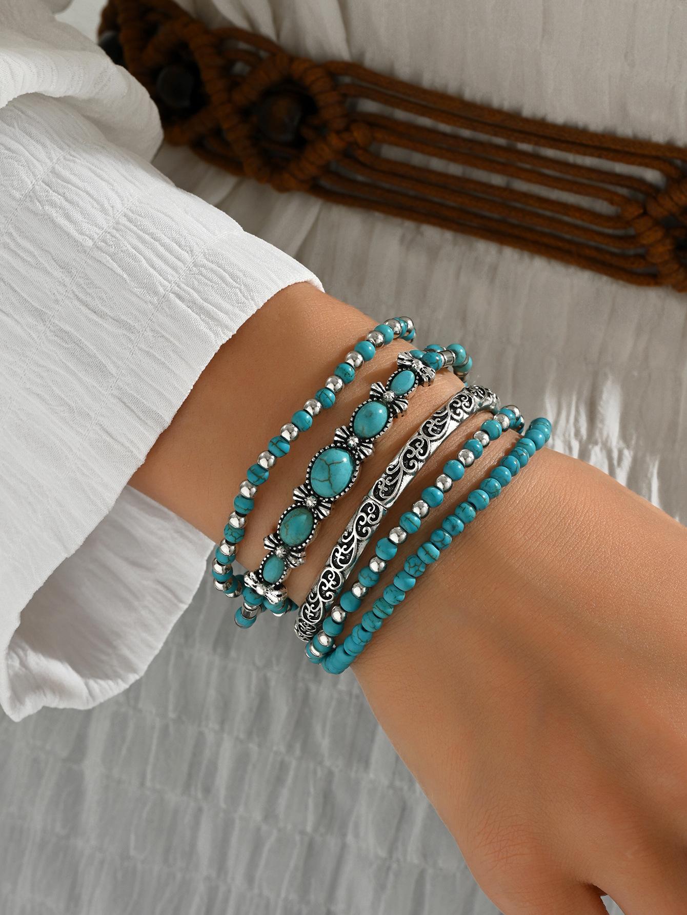 Turquoise beaded DIY bracelet - Bohemian style handcrafted multi-piece jewelry set