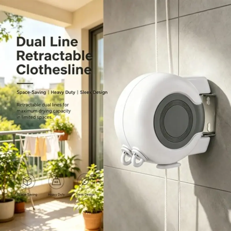 Durable Retractable Dual Clothesline with Secure Wall Bracket, Tear Resistant Drying Cords, Ideal for Indoor Laundry Area Bathroom Household Linen Drying, Wall Mounted Clotheslines