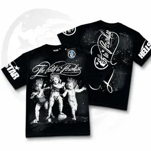 Hellstar Path to Paradise T-Shirt, Vintage Three Angels Starry Night Double Sided Graphic Printed Heavy Cotton Loose Tee for Men Women, Unisex Gothic Typography Hip Hop Top, Trendy Washed Black Clothes