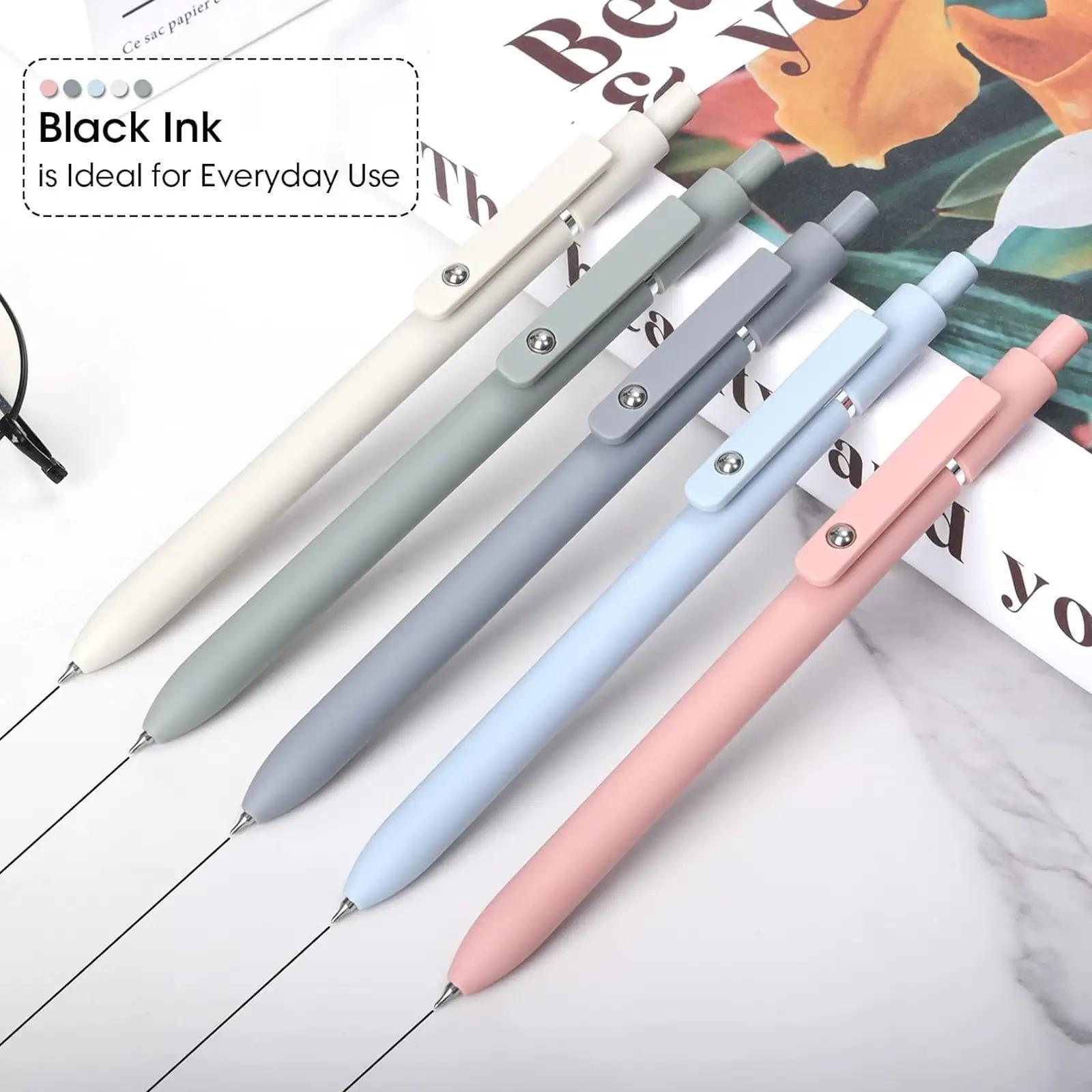 Retractable Gel Pen Office Accessories, 5 Pcs/set 0.5mm Black Ink Press Type Ballpoint Pens, Smooth Writing Pens, Stationery Writing Tools, Writing Stationery Supplies for Student, School Convenience Supplies, Aesthetic Pens