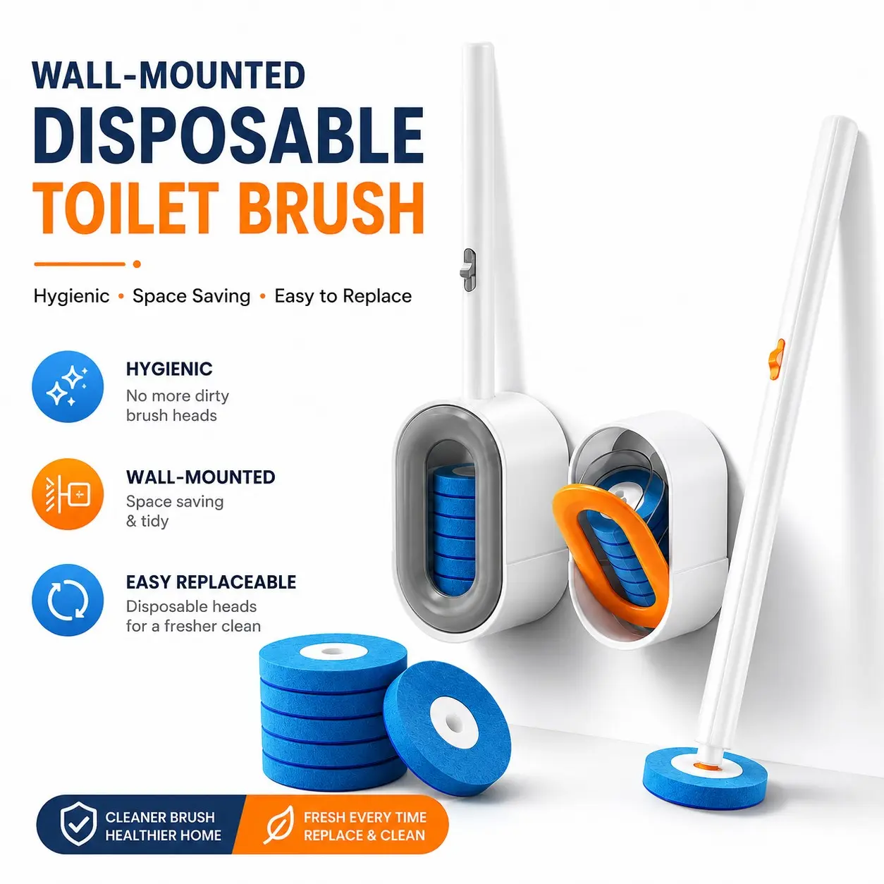 Home Disposable Toilet Cleaning Set, Includes 36/60/78 Replacement Brush Heads, Wall-Mounted Sink Cleaner System, Tools and Cleaning