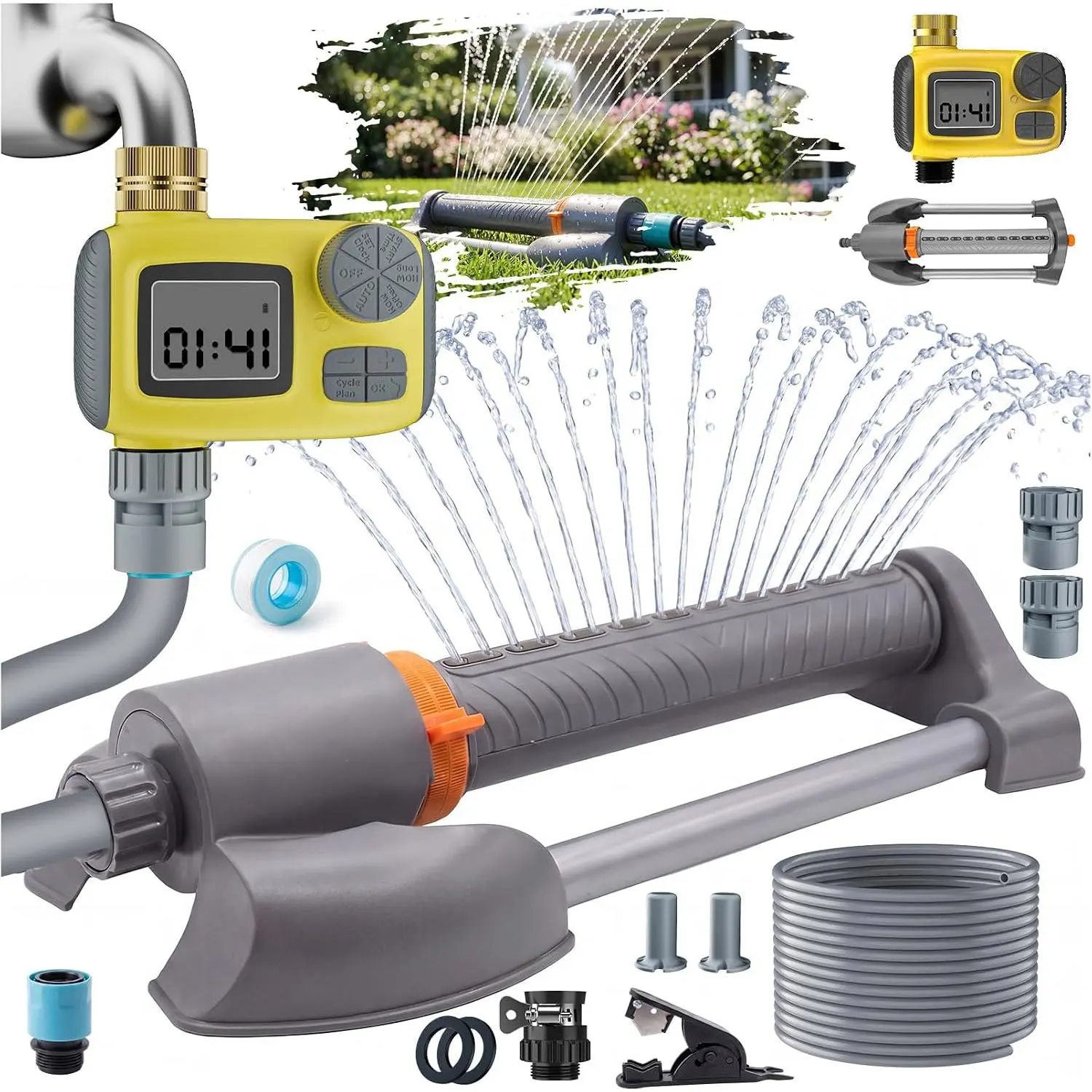 3 in 1  Oscillating Sprinkler System with Timer, 3000 Sq.Ft Lawn Irrigation Kit, 360° Sprinkler, 33FT 5/8" Anti-Kink Hose, Solid Brass Connector for Yard, Lawn, Garden, Raised Bed, Outdoor