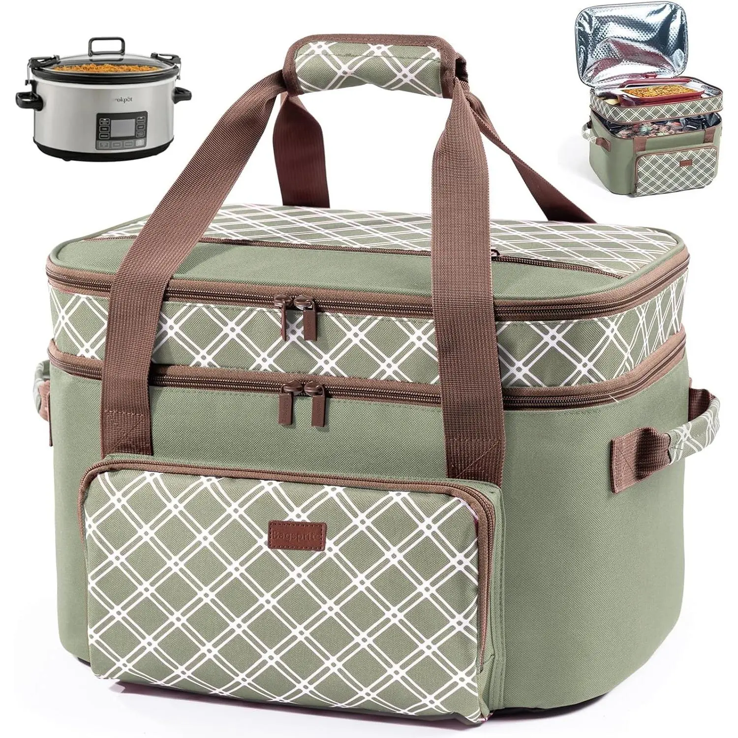 Double Layer Slow Cooker Carrier Bag for 6-8 Quart Oval CrockPot, Insulated Crock Pot Travel Bag with Top Zip Compartment and Front Pocket for Utensils